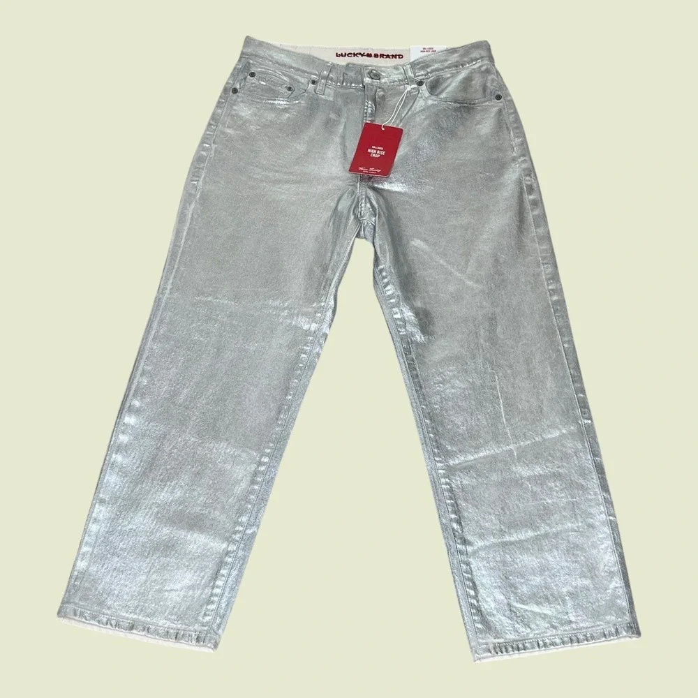 NEW Lucky Brand 90s Loose High Rise Crop Metallic Silver‎ Stretch Jeans 6/28